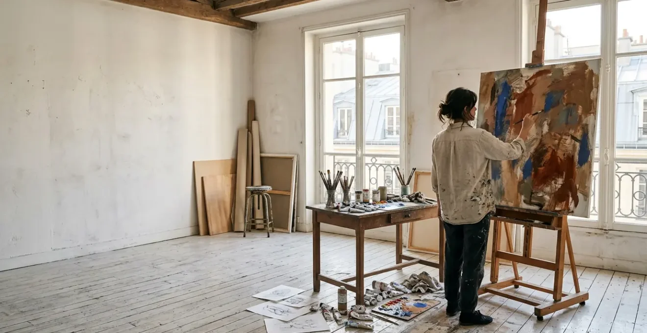 Artiste dans son atelier parisien travaillant sur une œuvre abstraite, environnement créatif avec matériaux et esquisses