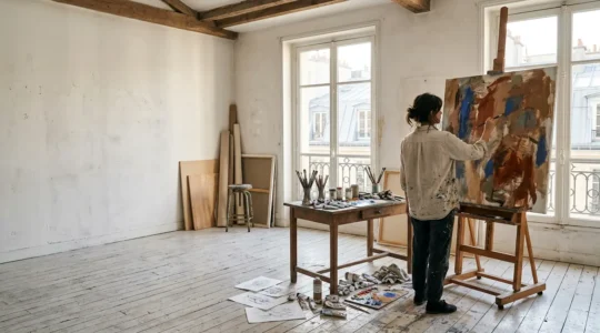 Artiste dans son atelier parisien travaillant sur une œuvre abstraite, environnement créatif avec matériaux et esquisses