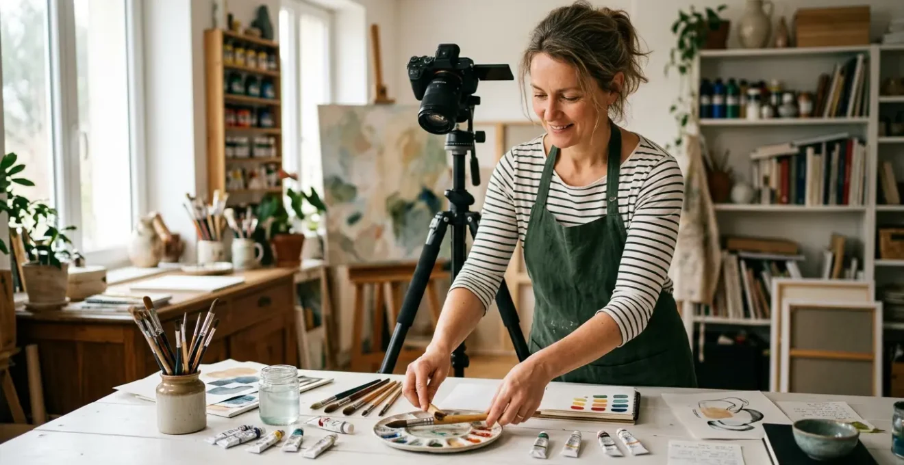 Artiste formateur créant du contenu pédagogique pour une formation de dessin en ligne dans un atelier créatif moderne