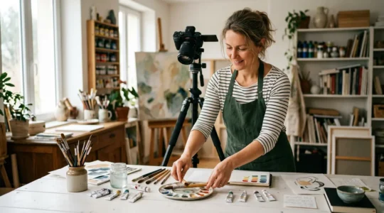 Artiste formateur créant du contenu pédagogique pour une formation de dessin en ligne dans un atelier créatif moderne