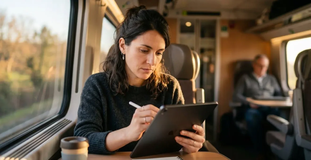 Artiste travaillant avec une tablette numérique dans un train français, lumière naturelle de fenêtre, ambiance créative nomade