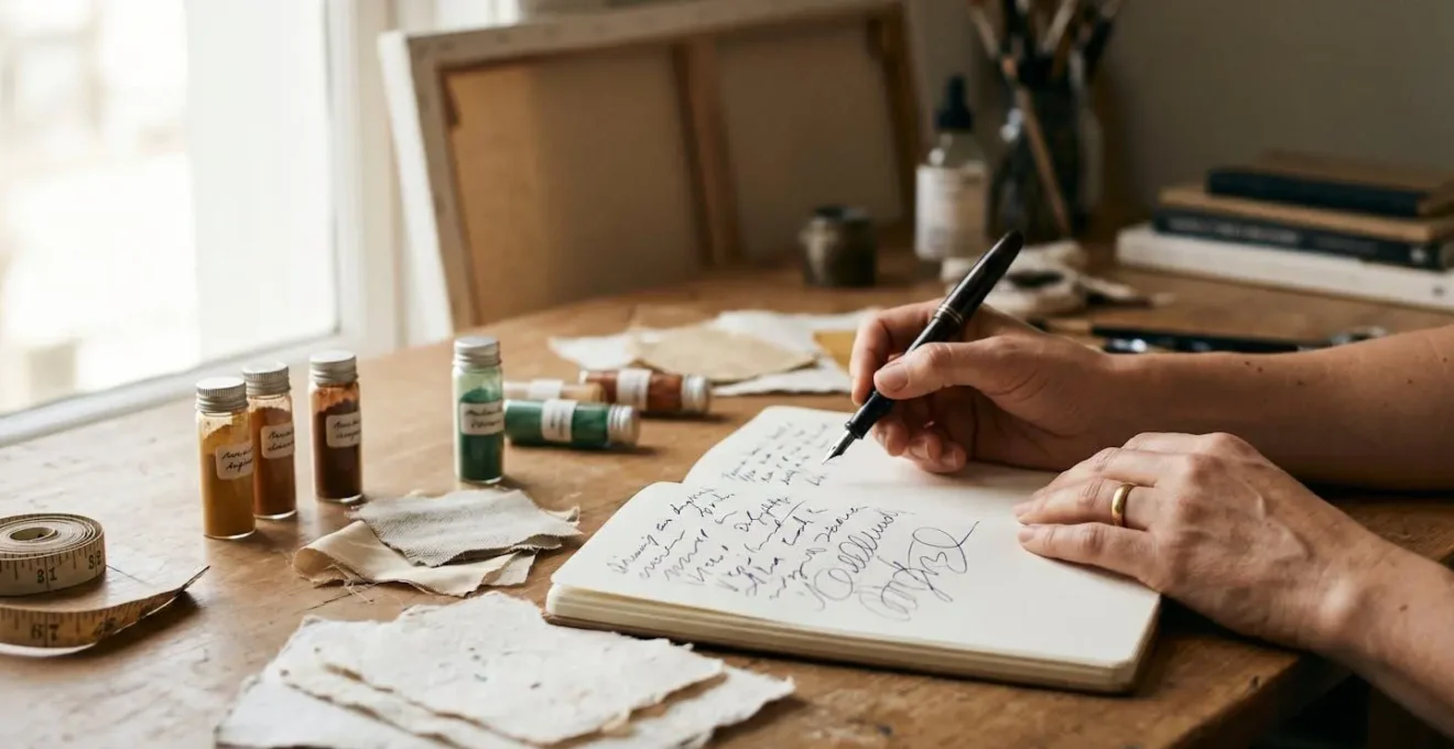 Espace de travail d'artiste avec carnet ouvert, esquisses et matériaux de création disposés pour préparer un dossier de candidature