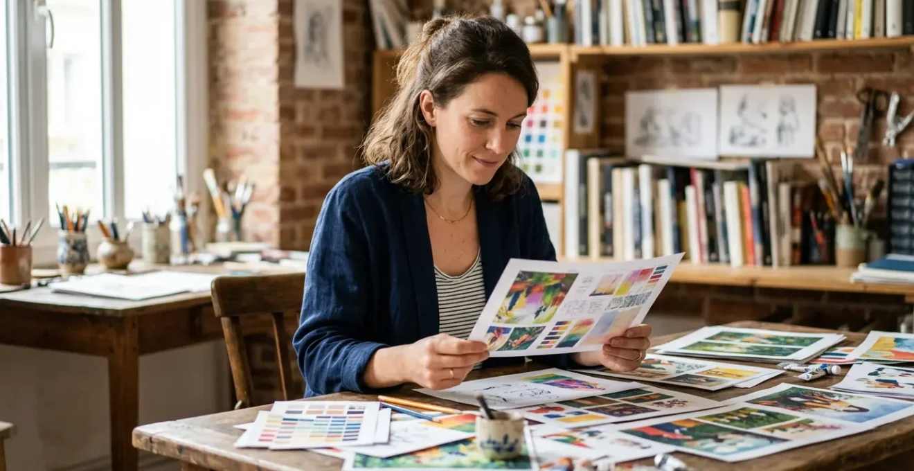 Atelier d'artiste indépendant travaillant sur l'auto-édition d'albums imprimés avec épreuves couleur et carnets de croquis