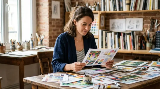 Atelier d'artiste indépendant travaillant sur l'auto-édition d'albums imprimés avec épreuves couleur et carnets de croquis