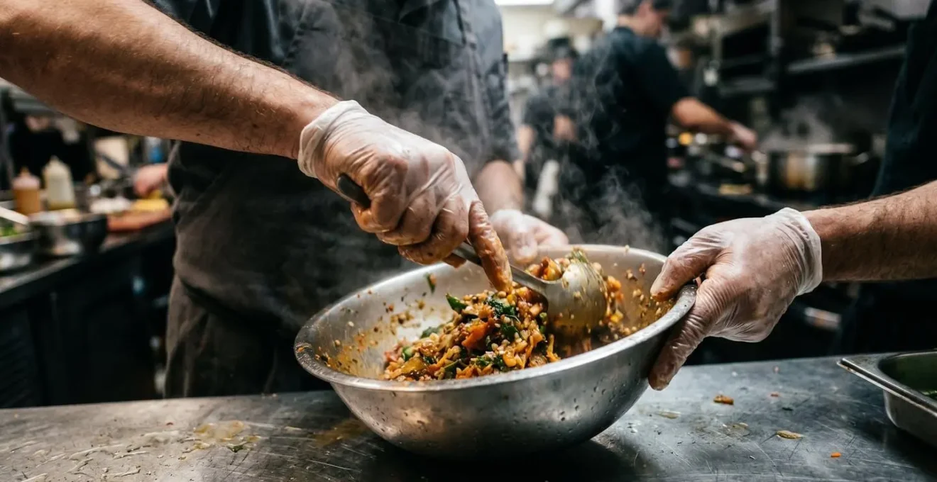 Scène de cuisine mobile professionnelle en action avec équipe de restaurateurs préparant rapidement des commandes lors d'un pic d'affluence