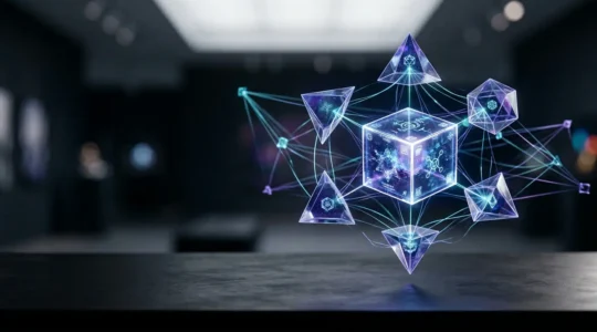 Artiste numérique certifiant l'authenticité d'une œuvre grâce à la technologie blockchain