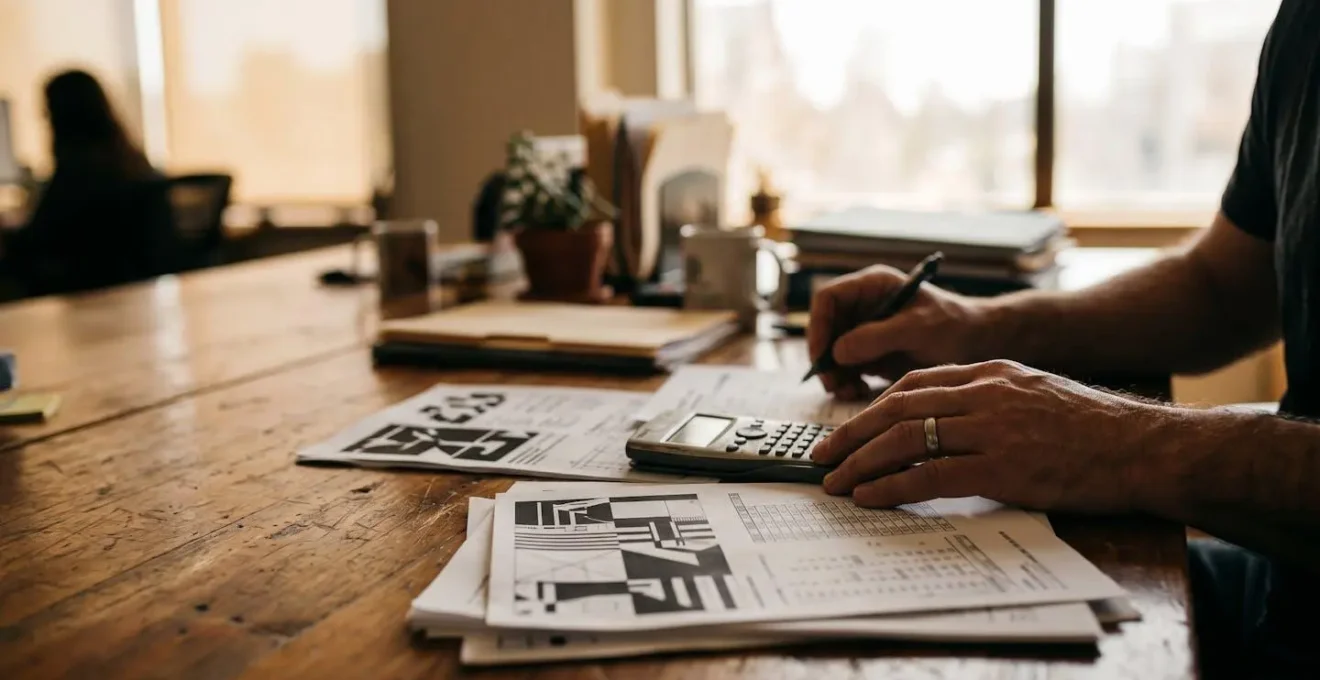 Vue rapprochée de documents de production avec calculatrice sur bureau de travail