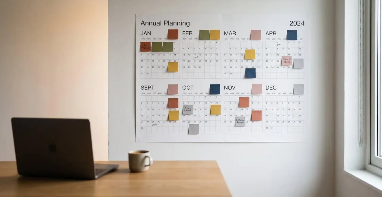 Calendrier éditorial mural avec périodes clés de soumission manuscrit BD en France, post-it colorés marquant échéances, lumière naturelle