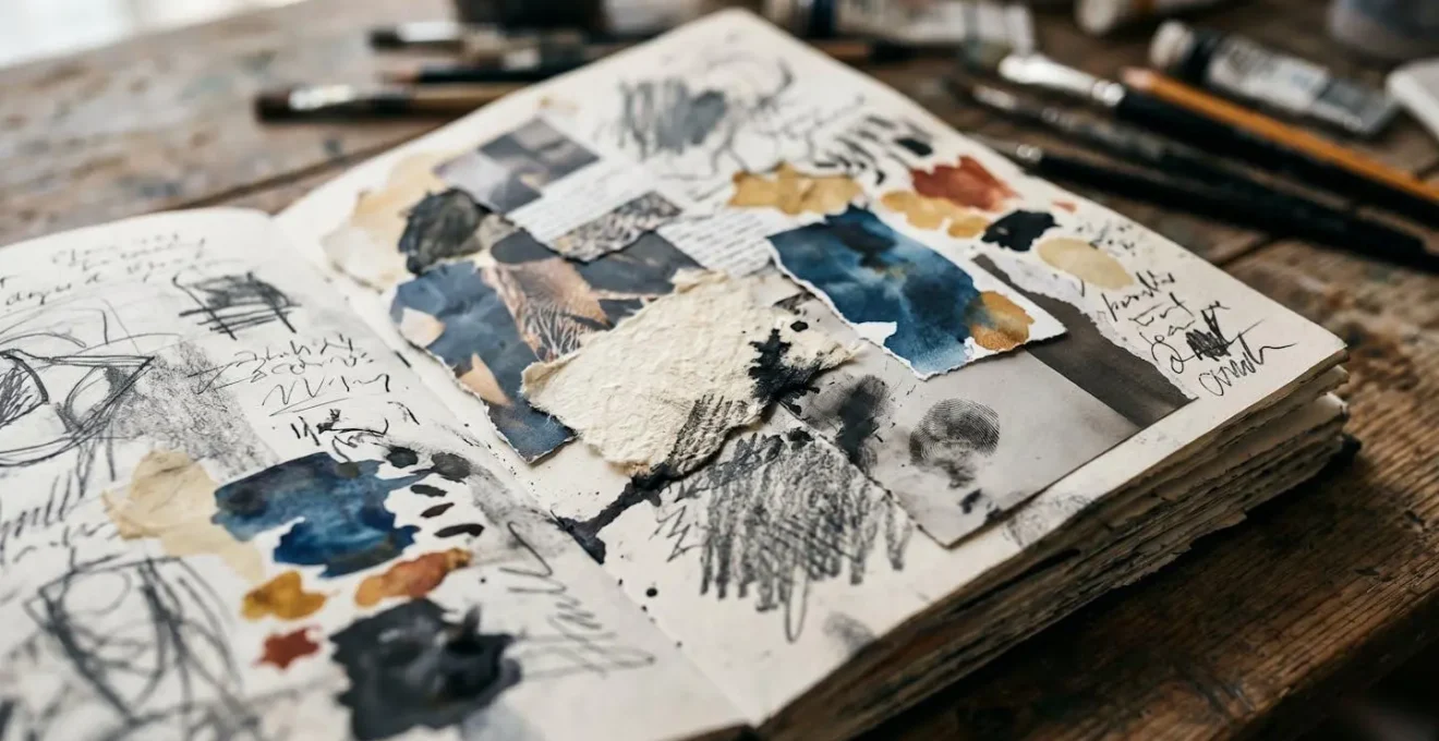 Carnet de recherche artistique ouvert montrant un processus créatif avec croquis, inspirations et annotations visuelles