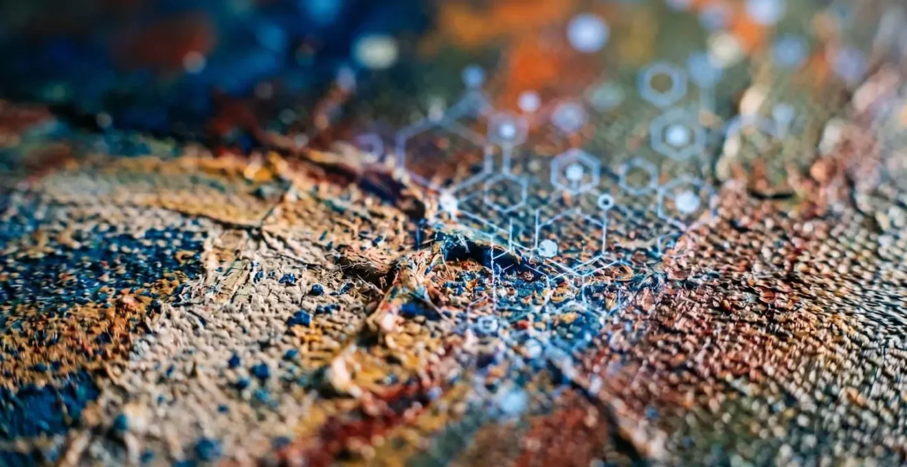 Représentation conceptuelle de la certification numérique d'une œuvre d'art par la technologie blockchain, esthétique contemporaine abstraite