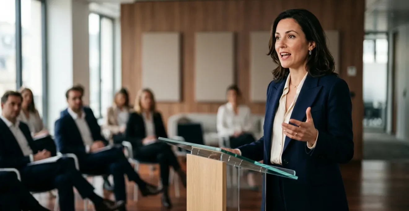 Professionnel de la communication en pleine prise de parole dynamique et assurée