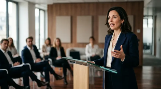 Professionnel de la communication en pleine prise de parole dynamique et assurée