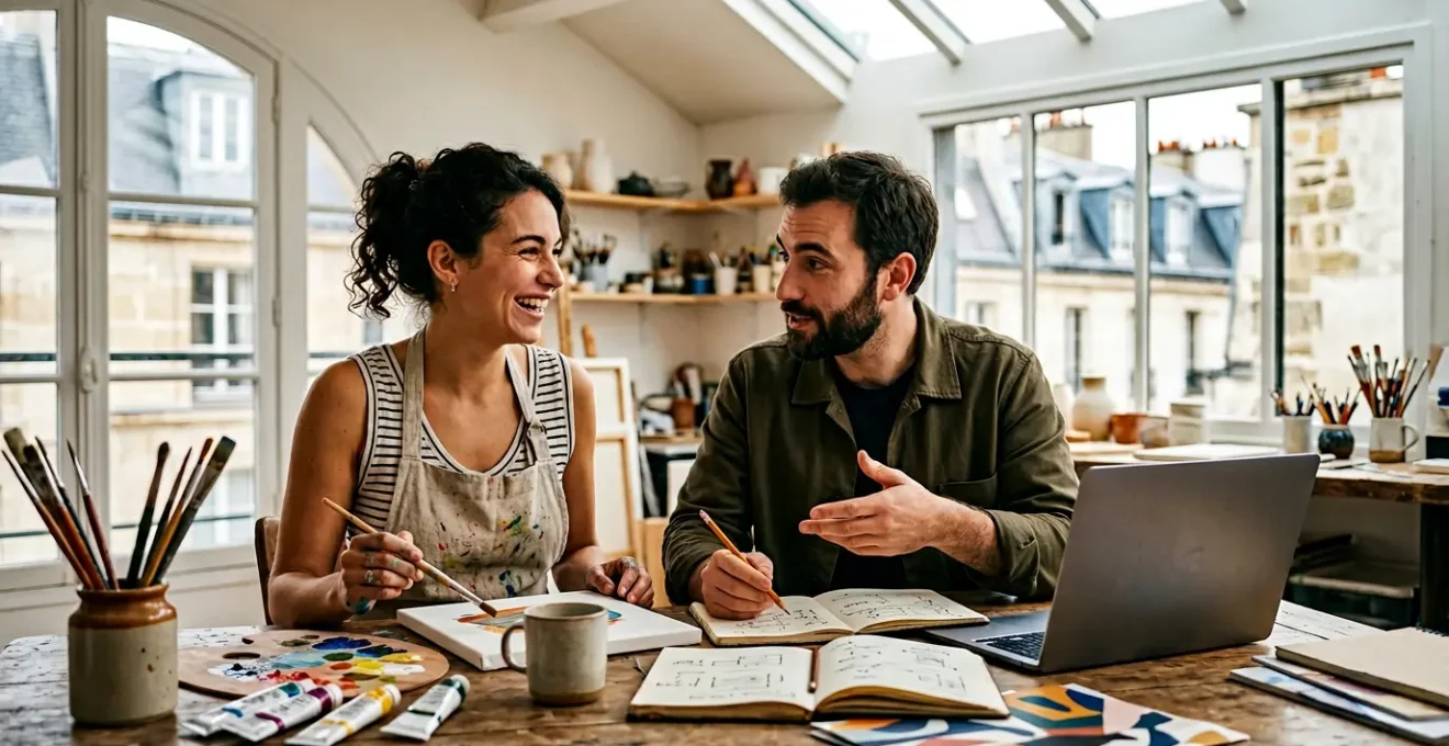 Collaboration créative entre artiste et développeur dans un espace de travail partagé