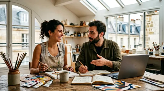Collaboration créative entre artiste et développeur dans un espace de travail partagé