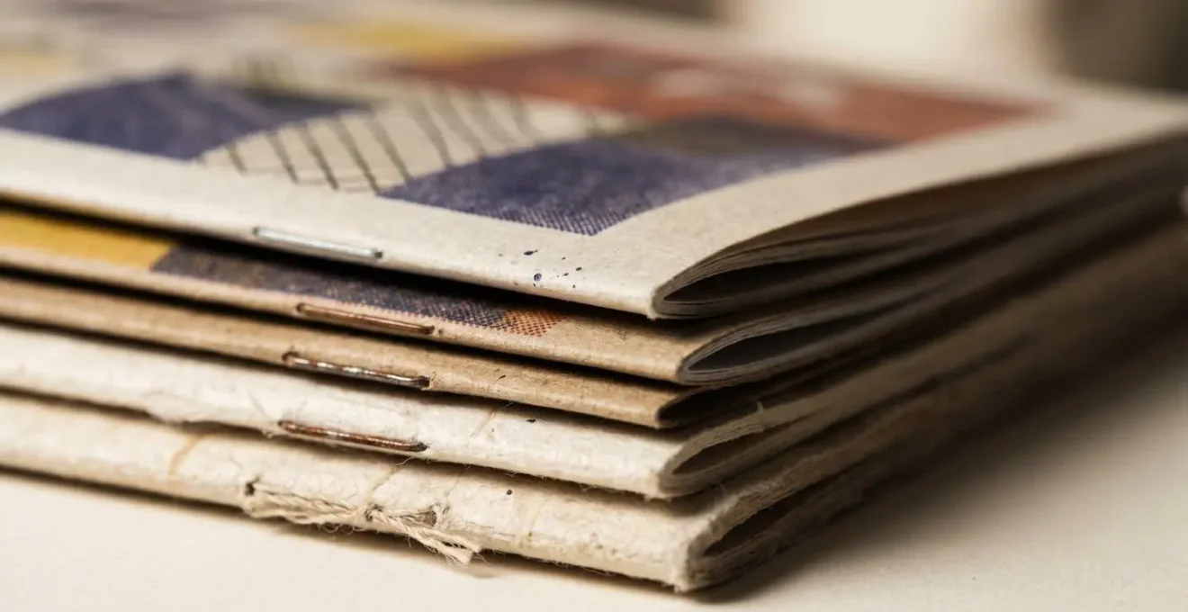Collection évolutive de plusieurs numéros de fanzines disposés en série montrant la progression créative d'un projet éditorial