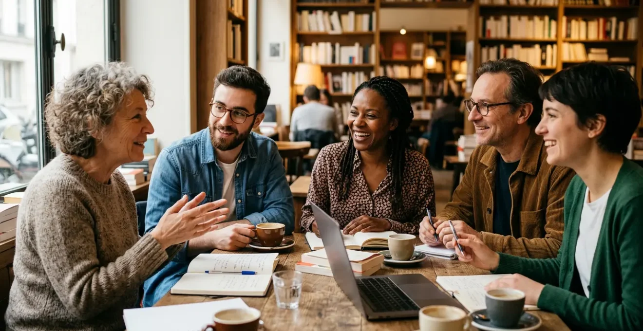 Groupe d'auteurs réunis dans un espace collaboratif chaleureux discutant de manière bienveillante