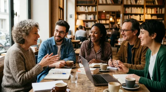 Groupe d'auteurs réunis dans un espace collaboratif chaleureux discutant de manière bienveillante