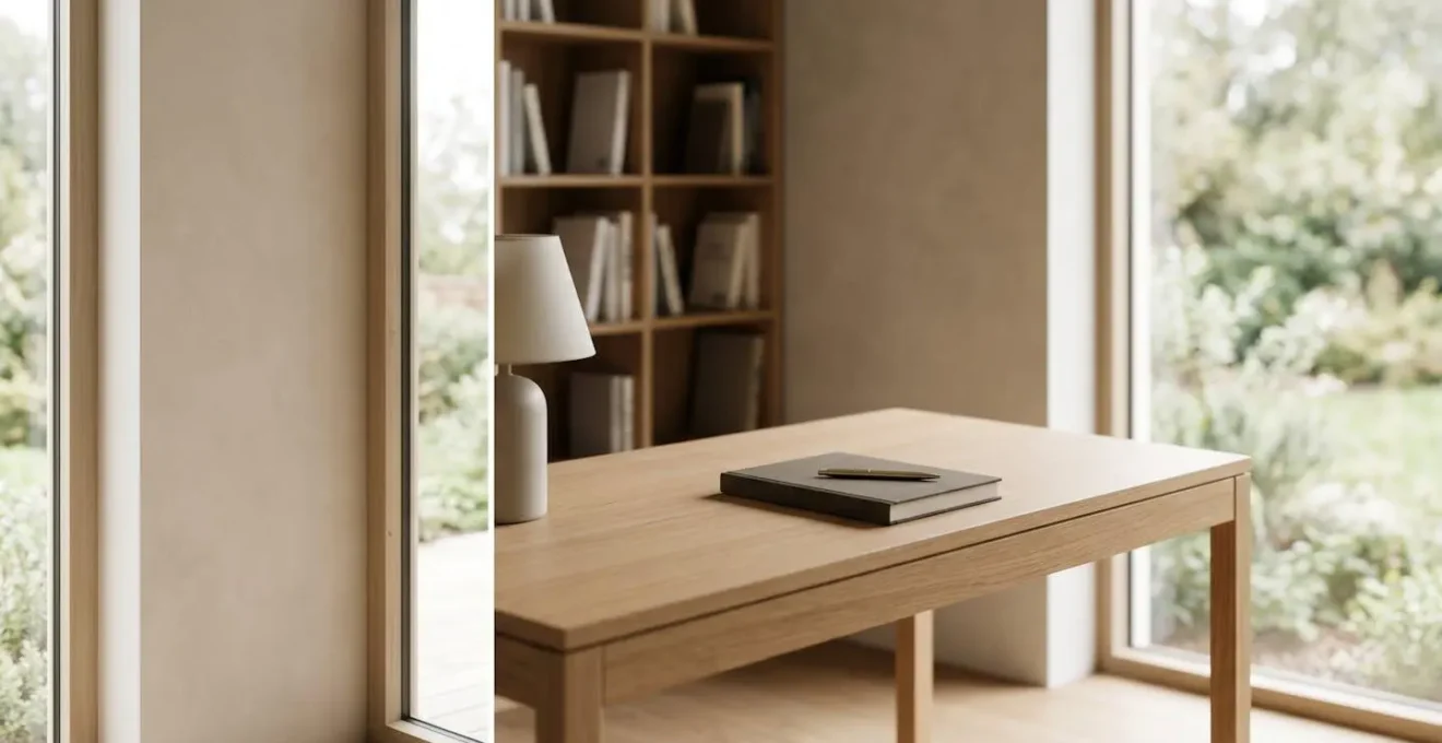 Espace de travail minimaliste avec vue d'ensemble montrant un environnement propice à la concentration pour l'écriture