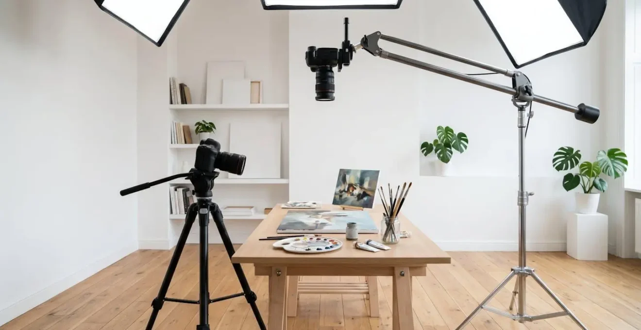 Configuration professionnelle de deux caméras pour filmer une démonstration artistique avec vue faciale et plongée sur le travail