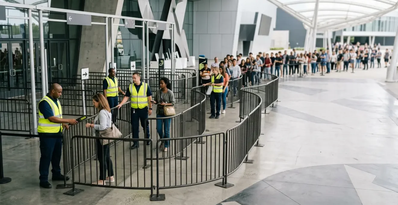 Zone de contrôle d'accès lors d'un événement, agents de sécurité en action et dispositifs de scan de billets