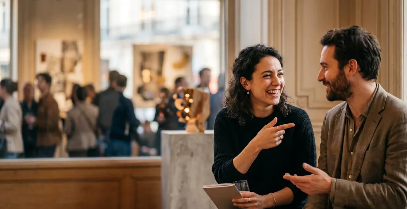 Moment de connexion authentique lors d'un événement culturel français contemporain