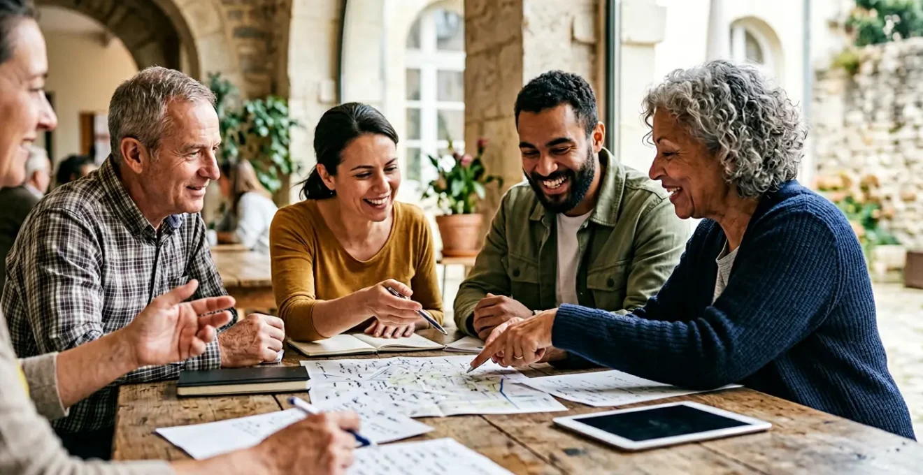 Équipe de bénévoles collaborant ensemble lors d'un événement culturel en France