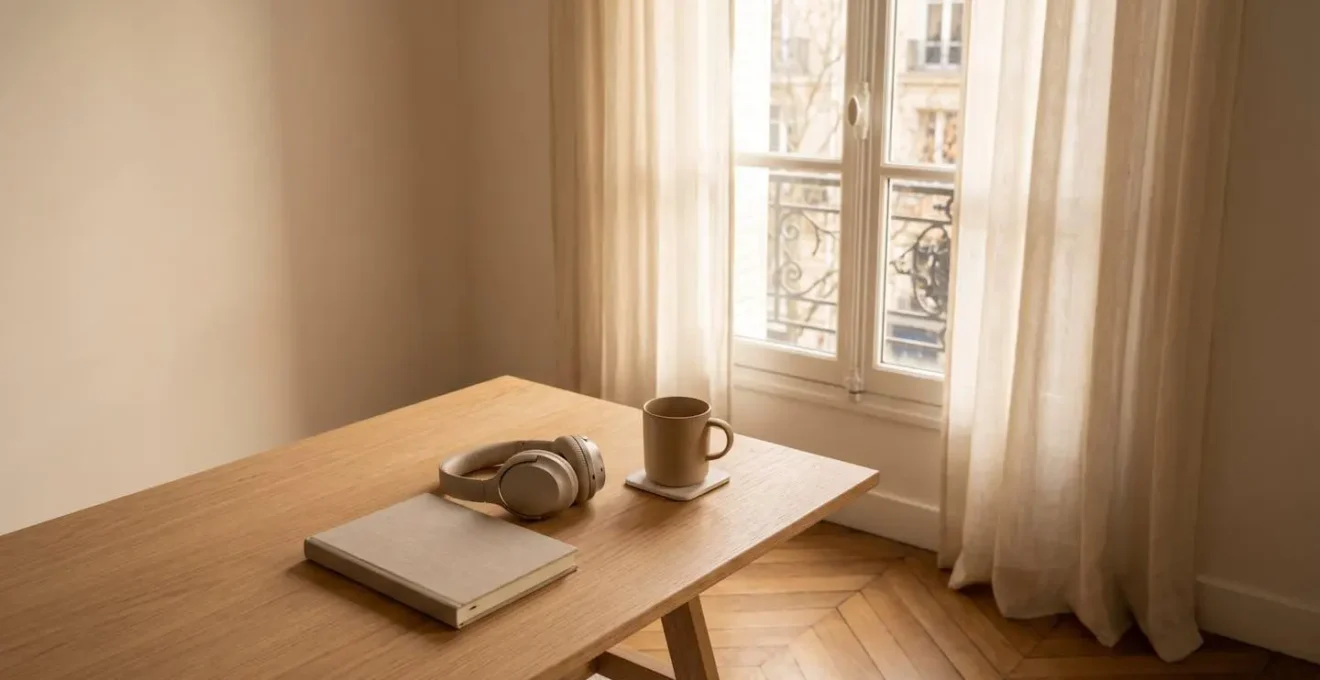 Vue environnementale minimaliste d'un espace de travail créatif organisé avec lumière naturelle française