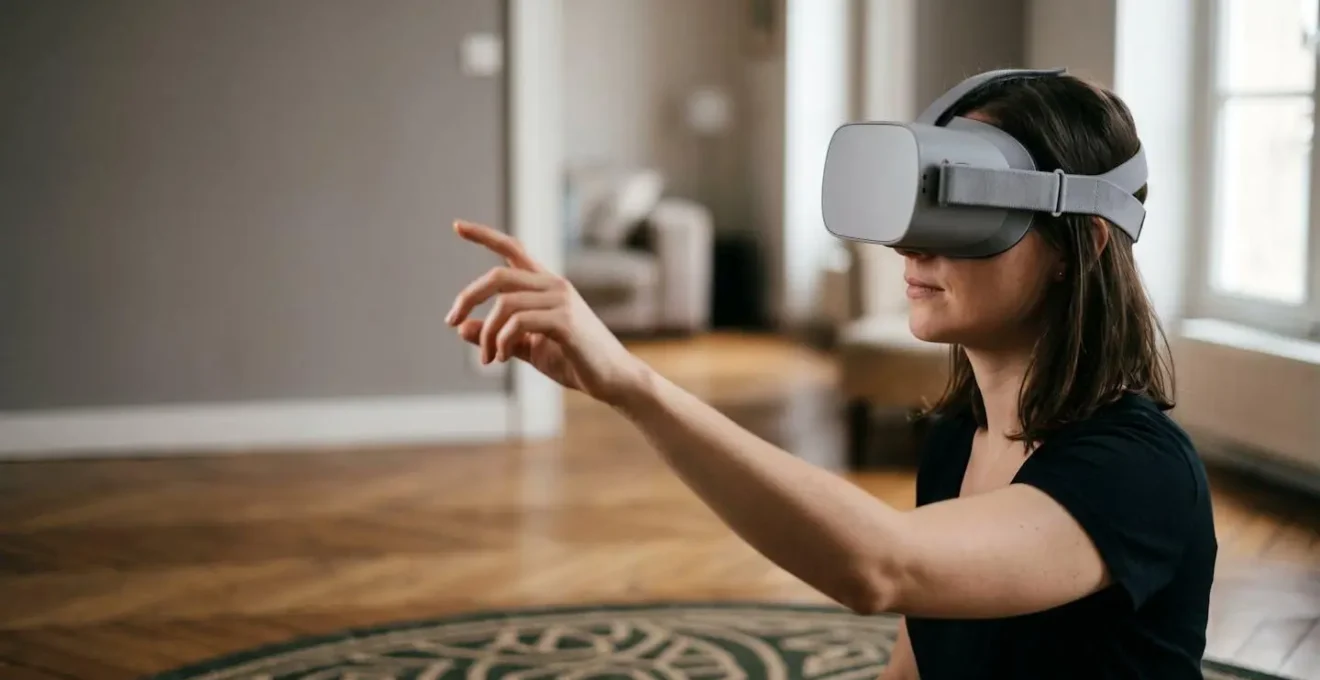 Personne portant un casque de réalité virtuelle en mouvement dans un espace dédié aux expériences immersives