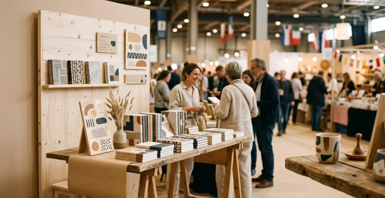 Stand de salon du livre avec matériaux naturels et signalétique artisanale