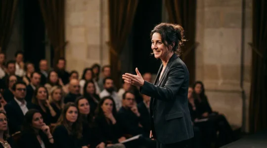 Orateur charismatique captivant son audience lors d'une présentation dynamique
