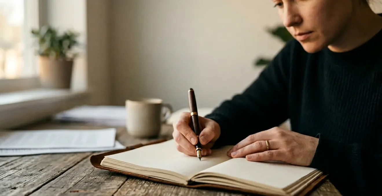 Personne écrivant dans un cahier manuscrit, moment de réflexion intime et d'écriture personnelle