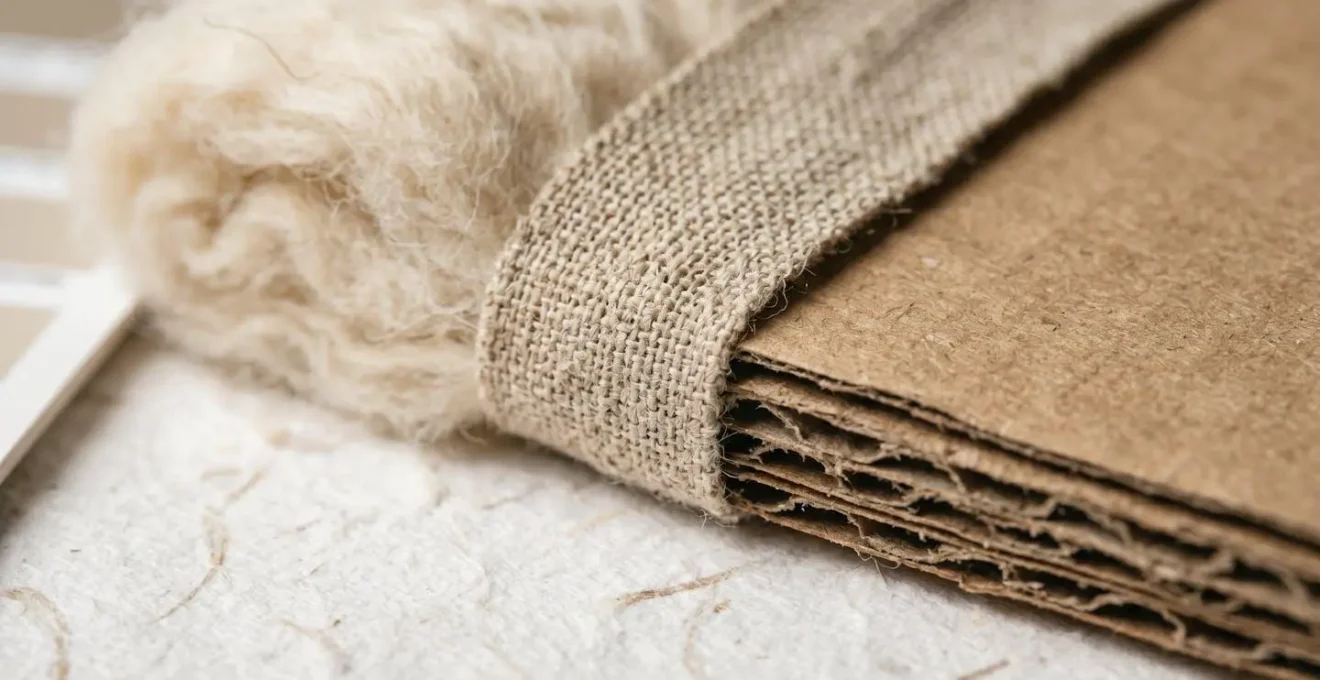 Détail macro d'un emballage de produit dérivé avec matériaux durables et textures naturelles