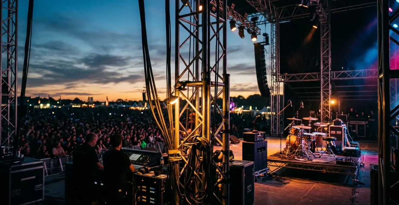Scène de festival vue depuis les coulisses avec éclairages et public