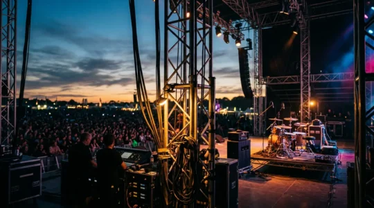 Scène de festival vue depuis les coulisses avec éclairages et public