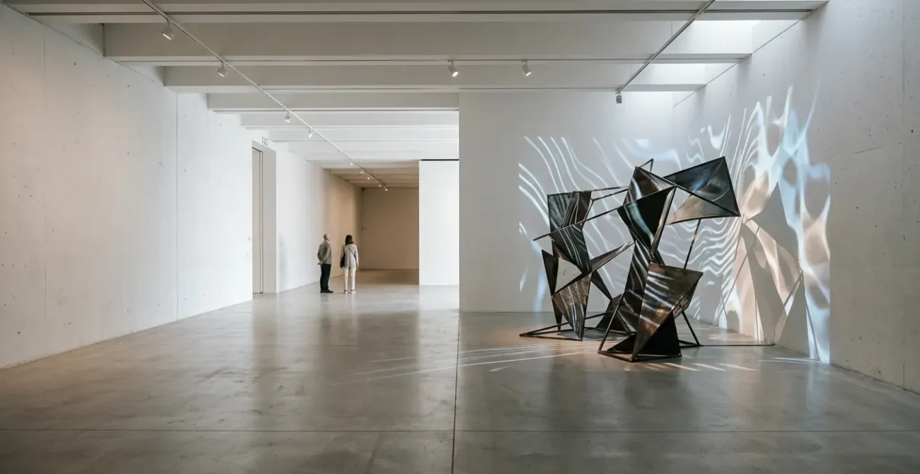 Installation artistique immersive mêlant projection visuelle, sculpture et ambiance sonore dans un espace culturel français