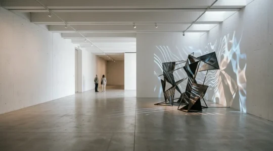 Installation artistique immersive mêlant projection visuelle, sculpture et ambiance sonore dans un espace culturel français