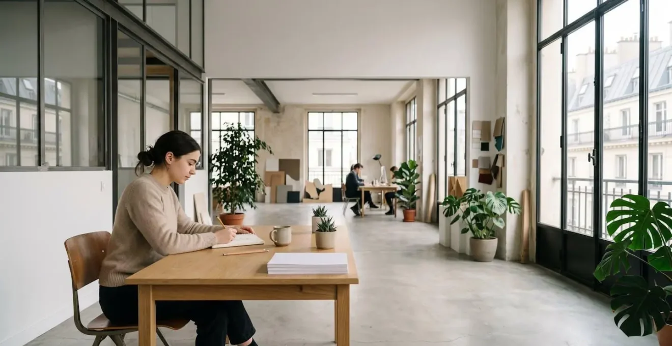 Jeune étudiant en design travaillant dans un environnement professionnel créatif moderne