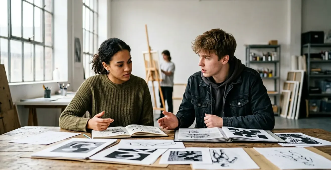 Jeunes étudiants en arts plastiques réfléchissant à leur parcours académique dans un atelier lumineux