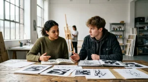 Jeunes étudiants en arts plastiques réfléchissant à leur parcours académique dans un atelier lumineux