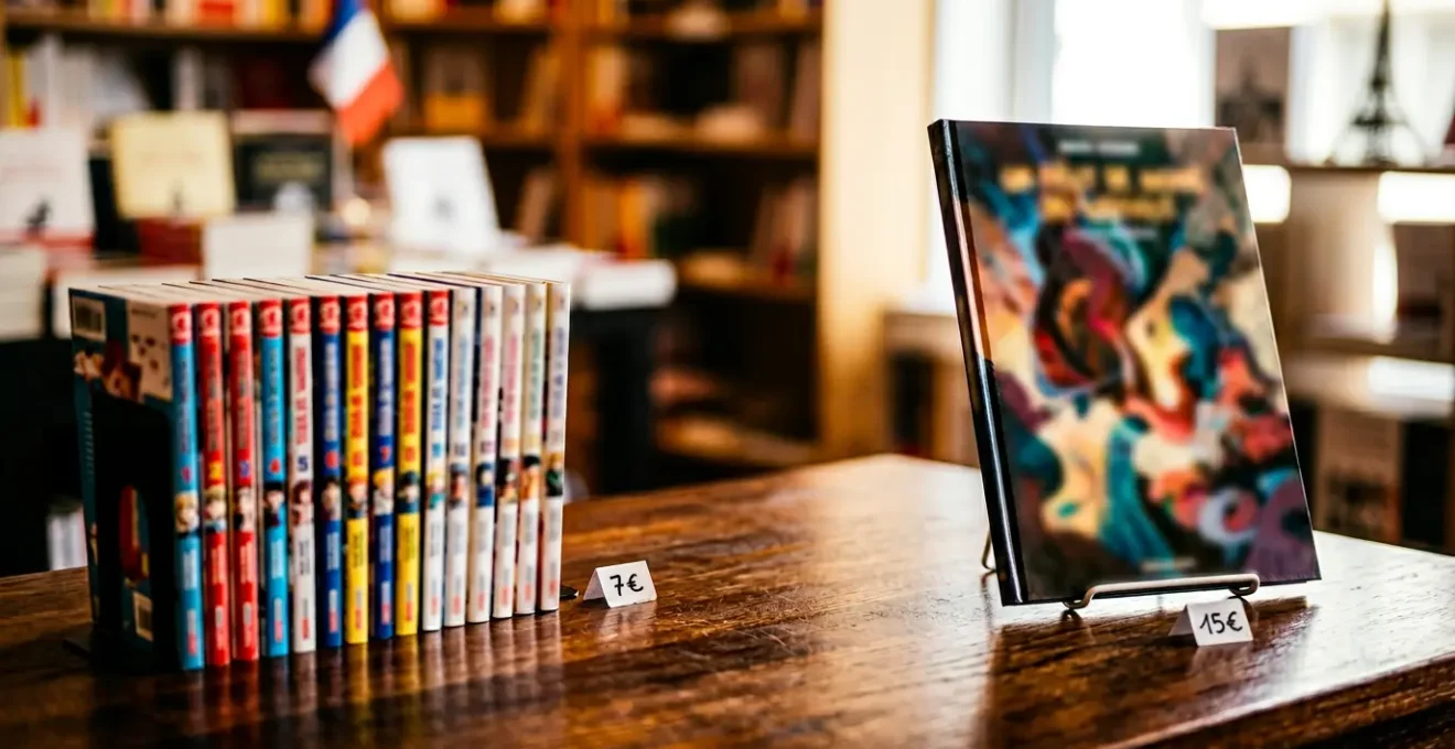 Duel symbolique entre formats éditoriaux de bande dessinée sur une table de librairie contemporaine