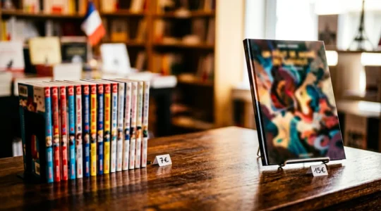 Duel symbolique entre formats éditoriaux de bande dessinée sur une table de librairie contemporaine