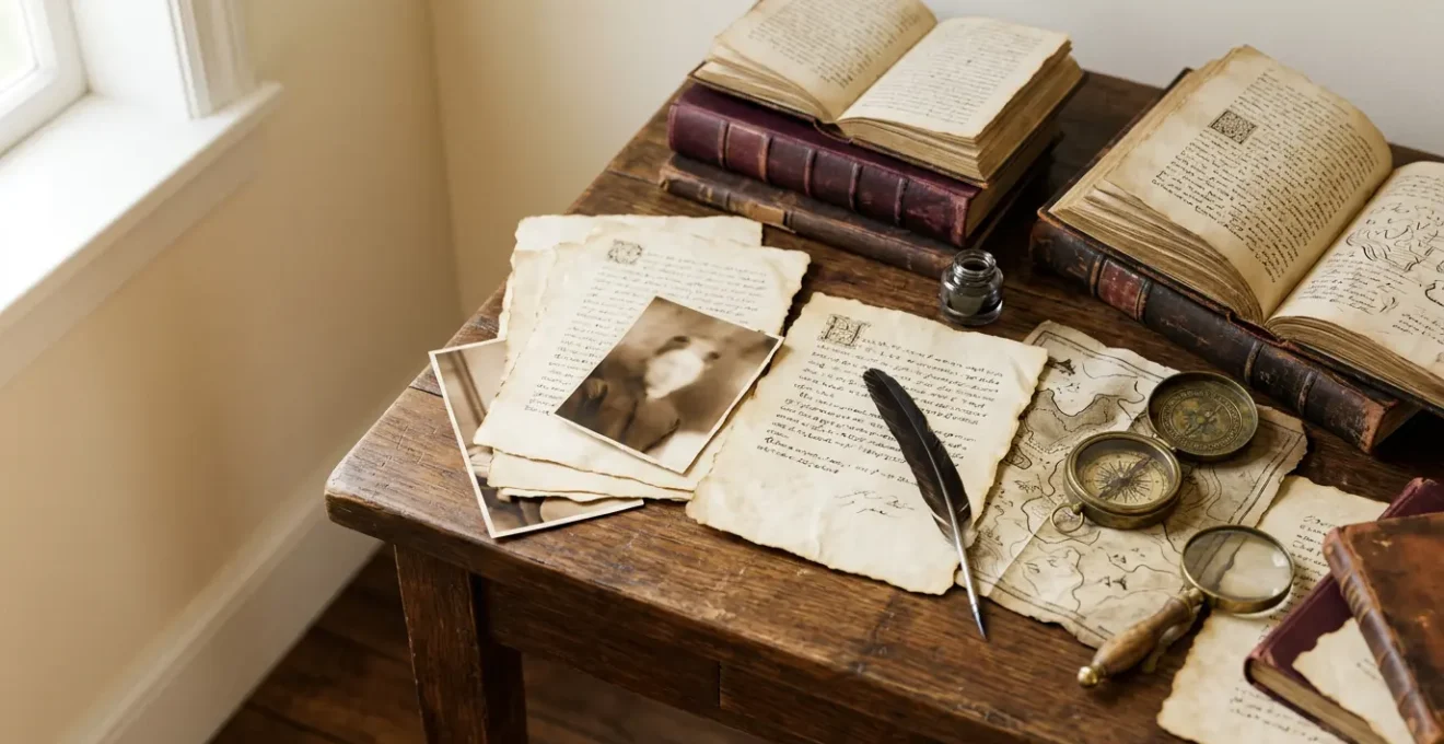 Composition évoquant la création d'une fresque historique avec des éléments narratifs et documentaires