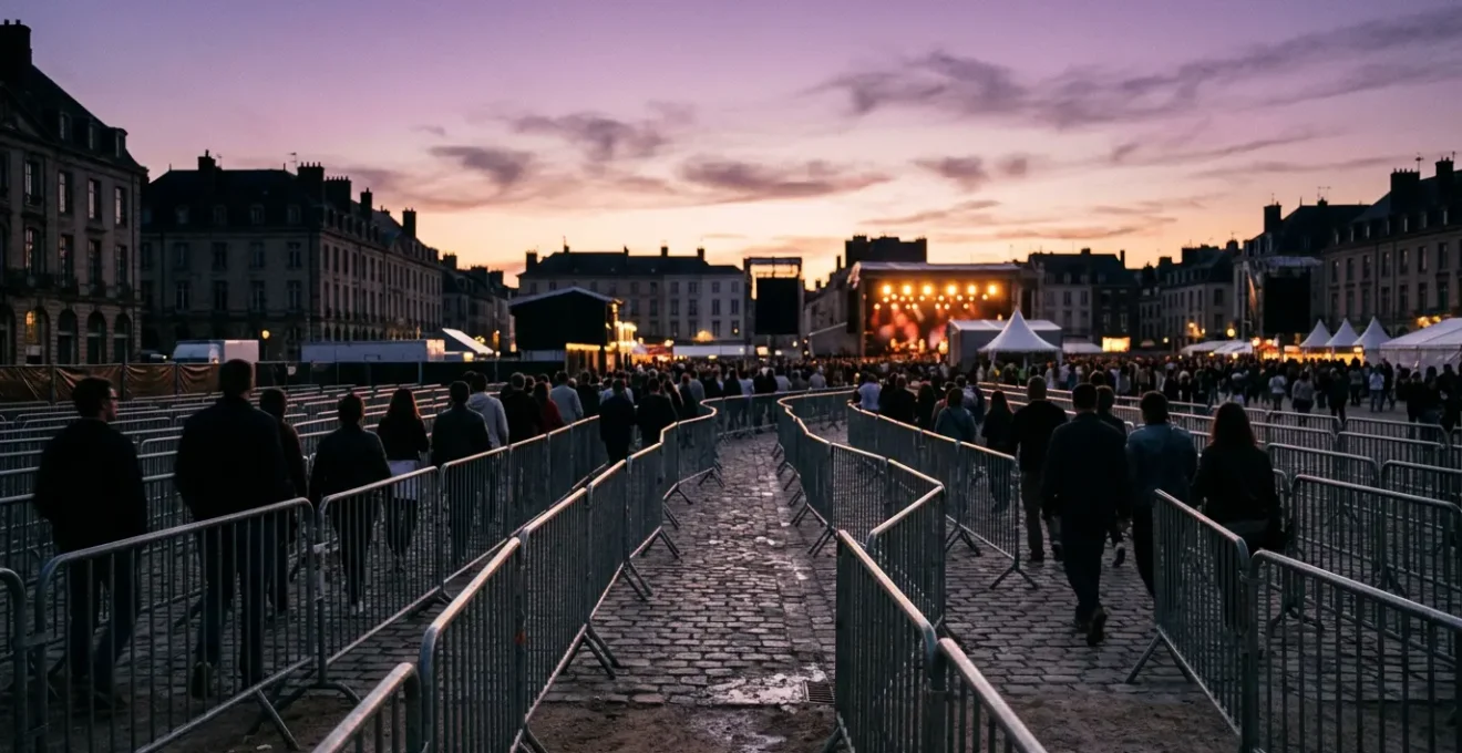 Vue d'ensemble d'un dispositif de gestion de flux lors d'un grand événement en France avec barrières et signalétique