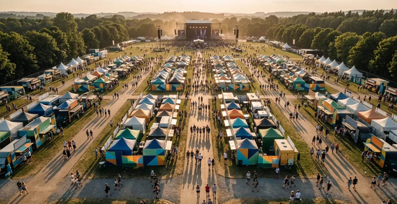 Vue aérienne d'un espace food court de festival musical avec disposition stratégique des stands et circulation des festivaliers