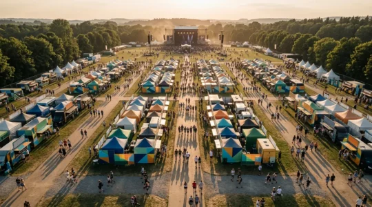Vue aérienne d'un espace food court de festival musical avec disposition stratégique des stands et circulation des festivaliers