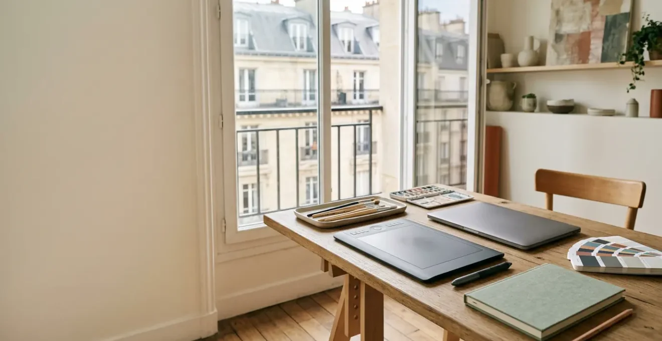 Un environnement de travail créatif hybride où technologie et humanité coexistent harmonieusement