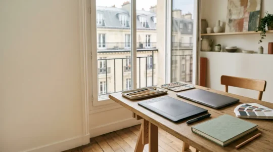 Un environnement de travail créatif hybride où technologie et humanité coexistent harmonieusement