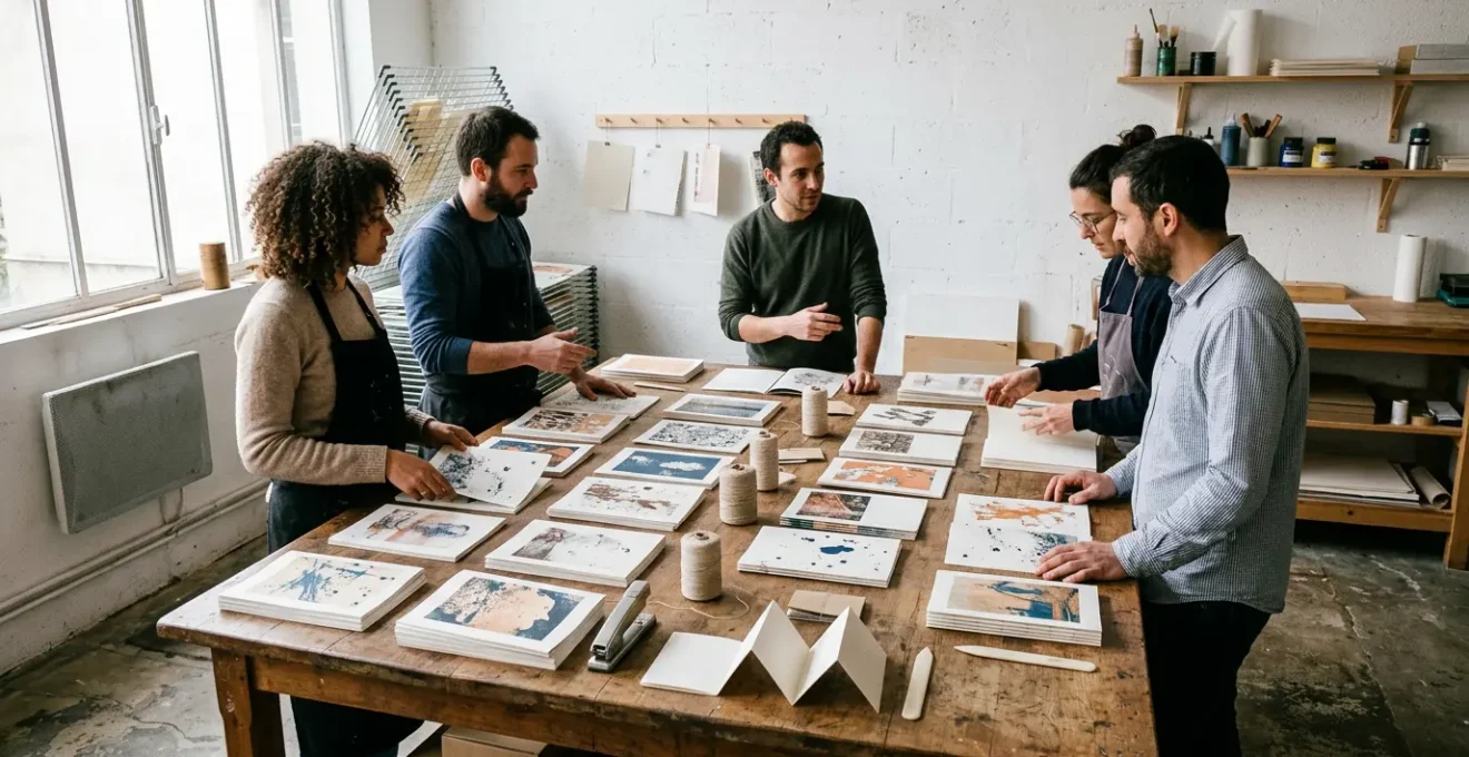 Atelier d'impression de fanzines avec techniques de reliure artisanale et échange créatif entre artistes