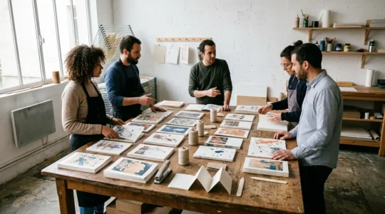 Atelier d'impression de fanzines avec techniques de reliure artisanale et échange créatif entre artistes