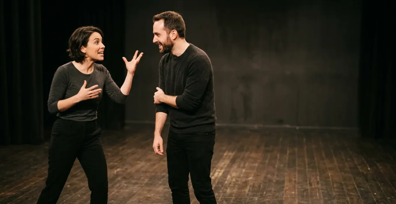 Scène d'improvisation théâtrale où des acteurs créent ensemble dans un espace de jeu collectif